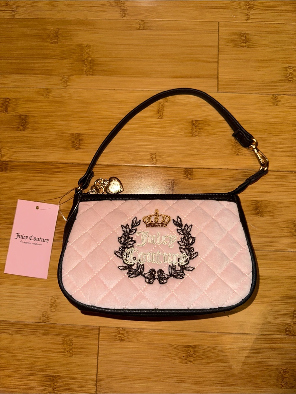 Juicy Couture Pink Quilted Wristlet with Brown Trim and Gold Logo